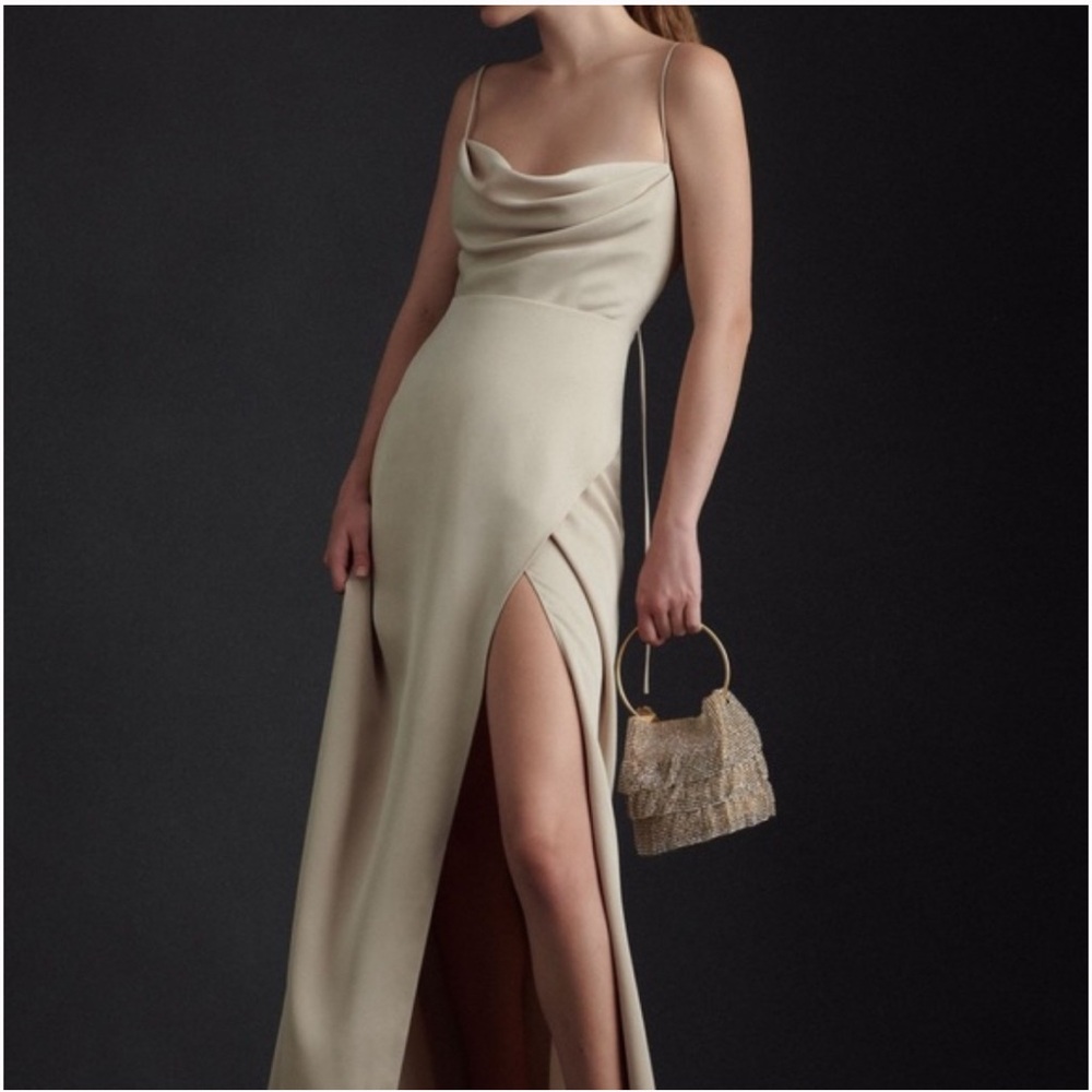 BHLDN Champagne Slit Gown with Cowl Neck
